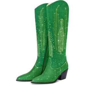 Women  Polyurethane Green Knee High Pointed Toe Chunky Heel Rhinestone Boot